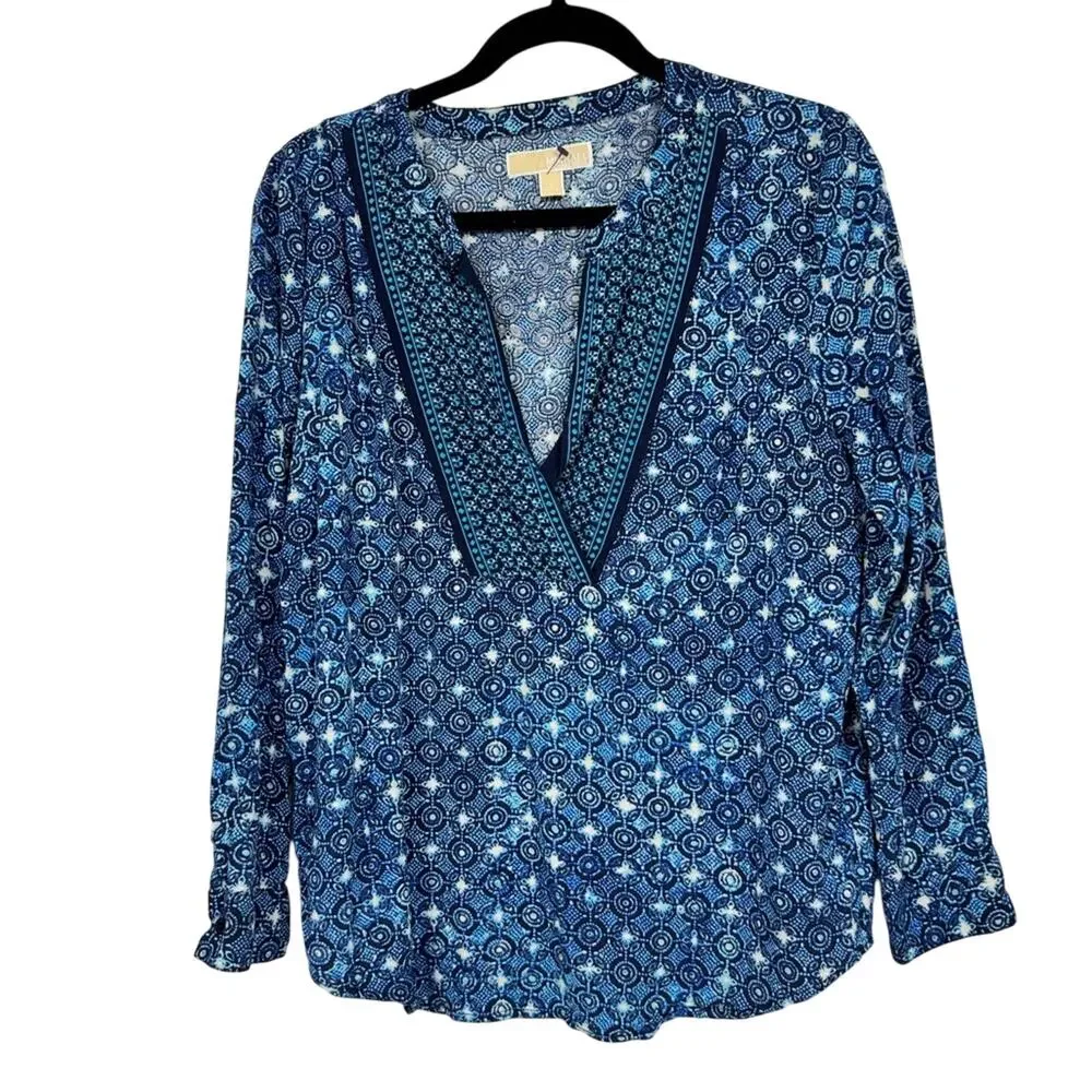 Michael Kors Blue Paisley Boho Blouse Womens L Casual Classic Beachy Shirt Top
